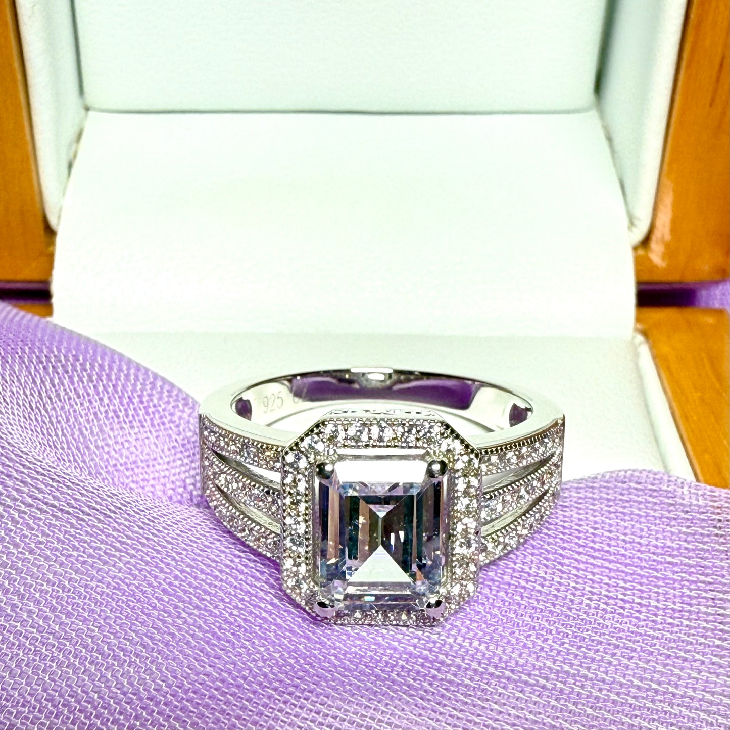 Cubic zirconia sterling silver emerald cut fancy dress ring