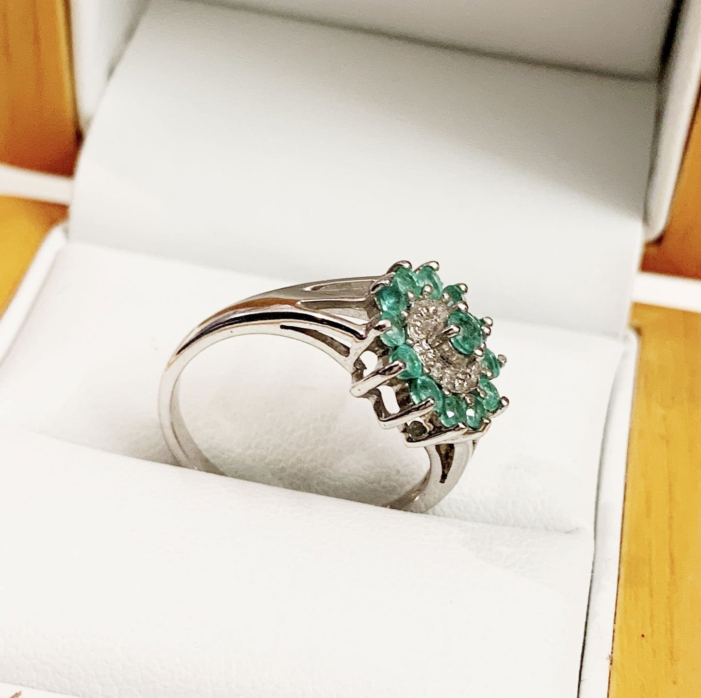 Round Emerald And Diamond Sterling Silver Green Cluster Ring