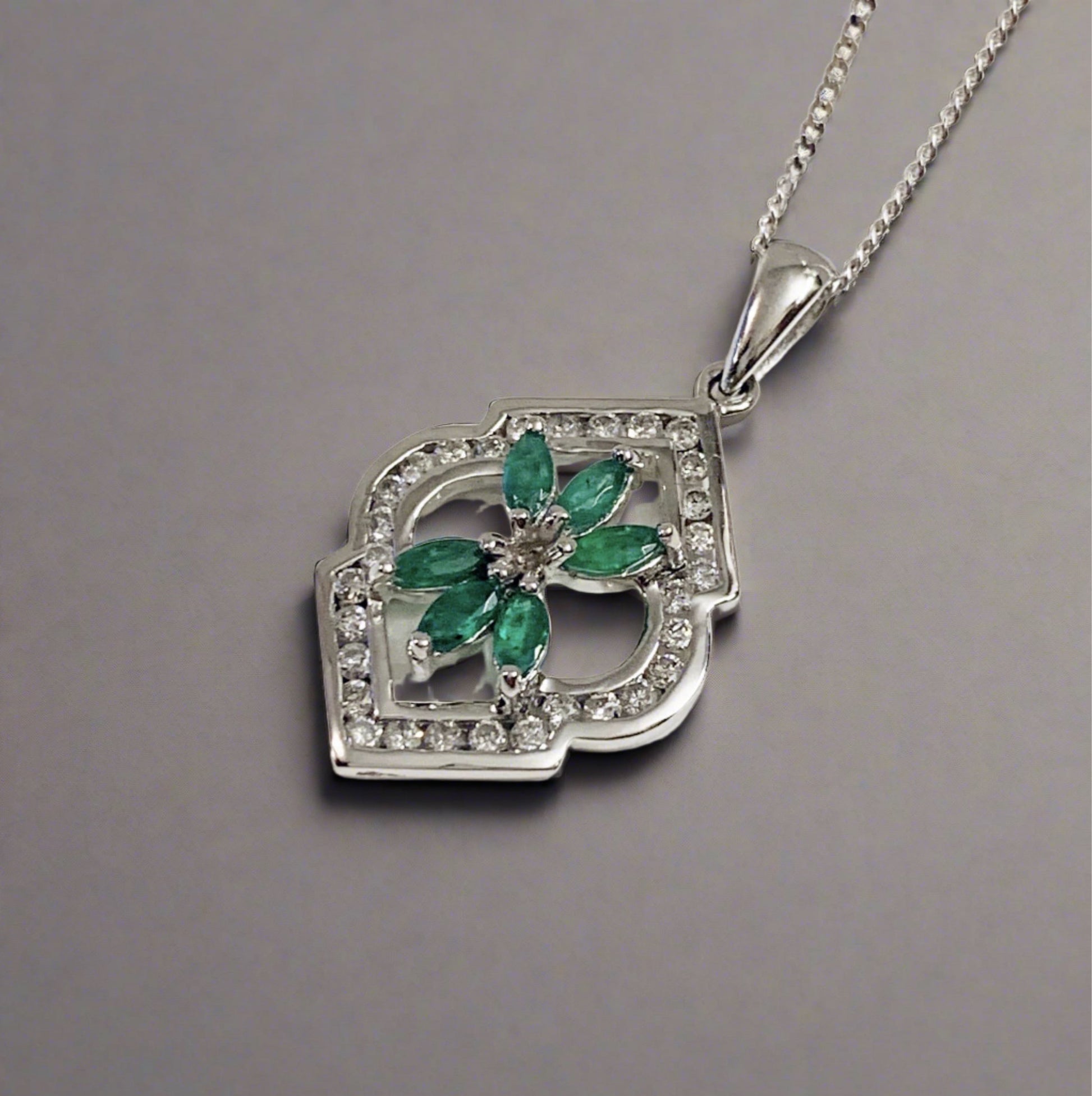 Green Emerald And Diamond White Gold Fancy Cluster Necklace
