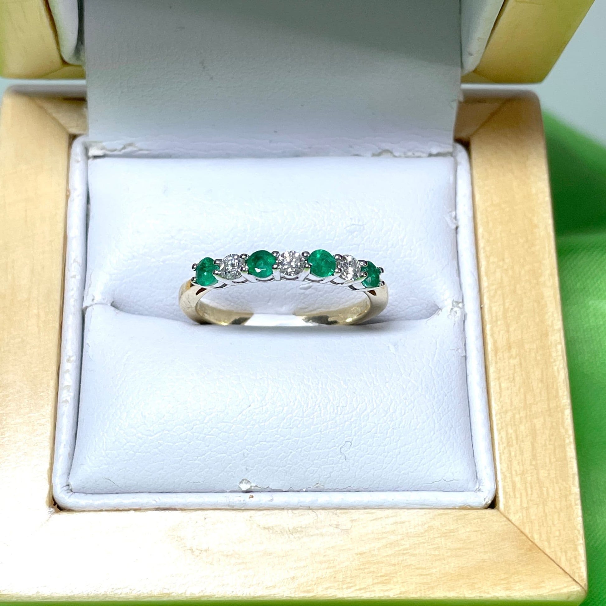 Green Emerald and Diamond Eternity Ring Yellow Gold