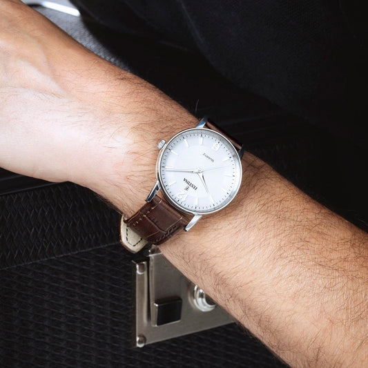 F20690/2 Festina Men's Silver Round Leather Strap Watch on wrist