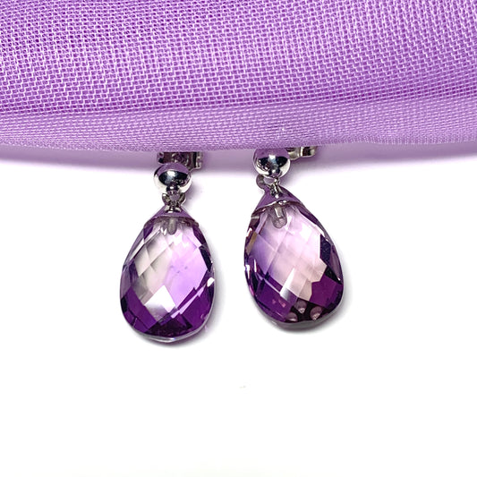 Faceted purple amethyst drop earrings white gold