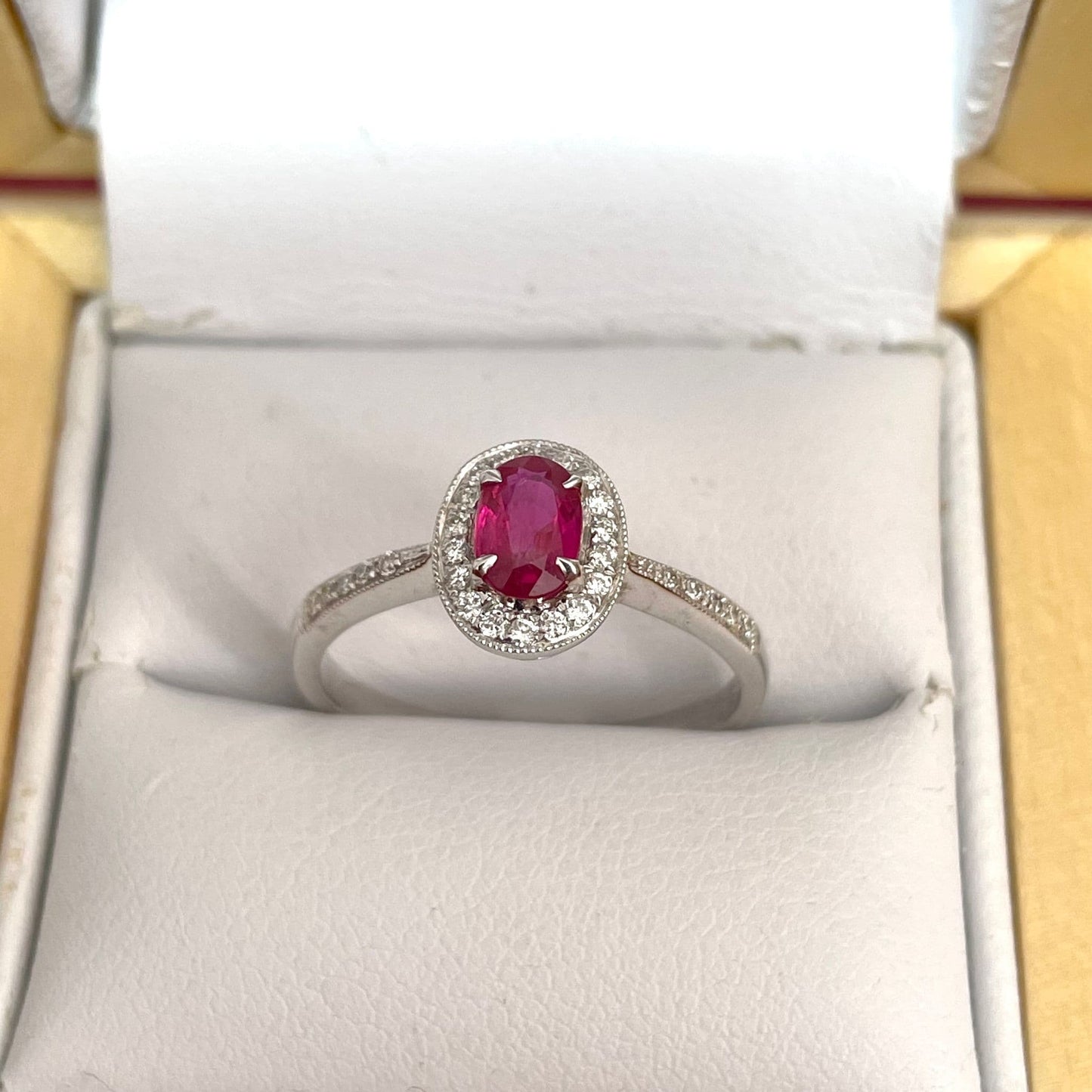 Fancy Oval Ruby Red and Diamond White Gold Cluster Ring