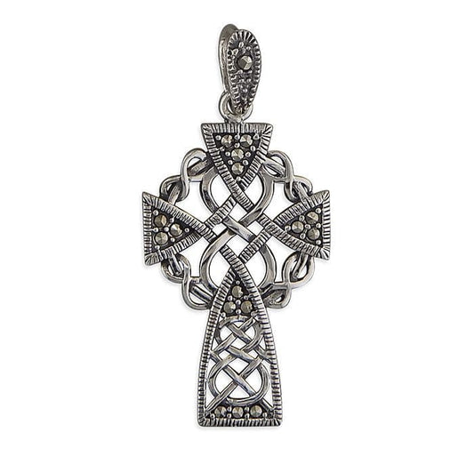 Fancy Patterned Large Sterling Silver Celtic Marcasite Set Cross Including Chain