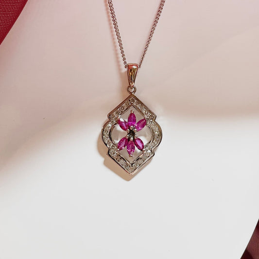 Fancy ruby and diamond white gold pendant necklace