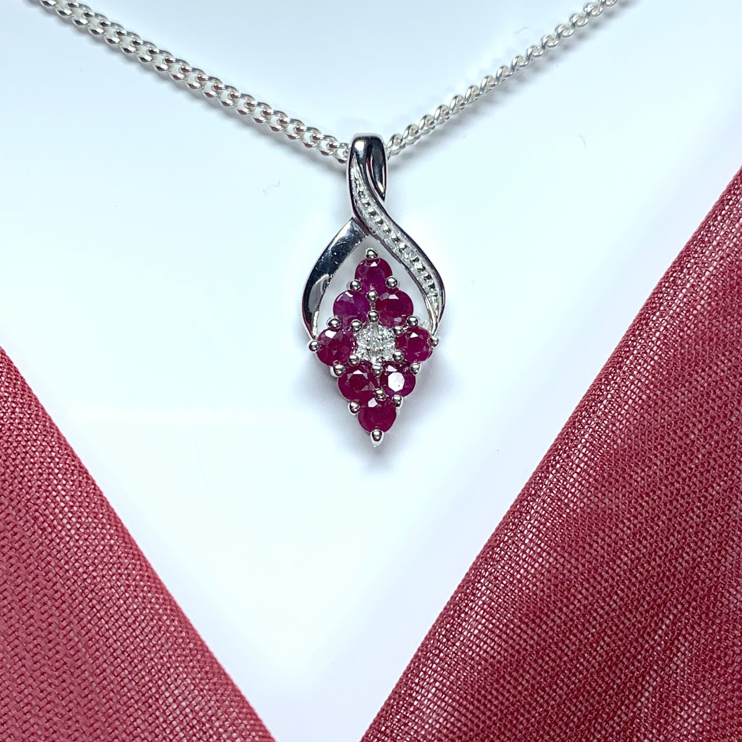 Fancy Ruby Red And Diamond Sterling Silver Necklace Pendant