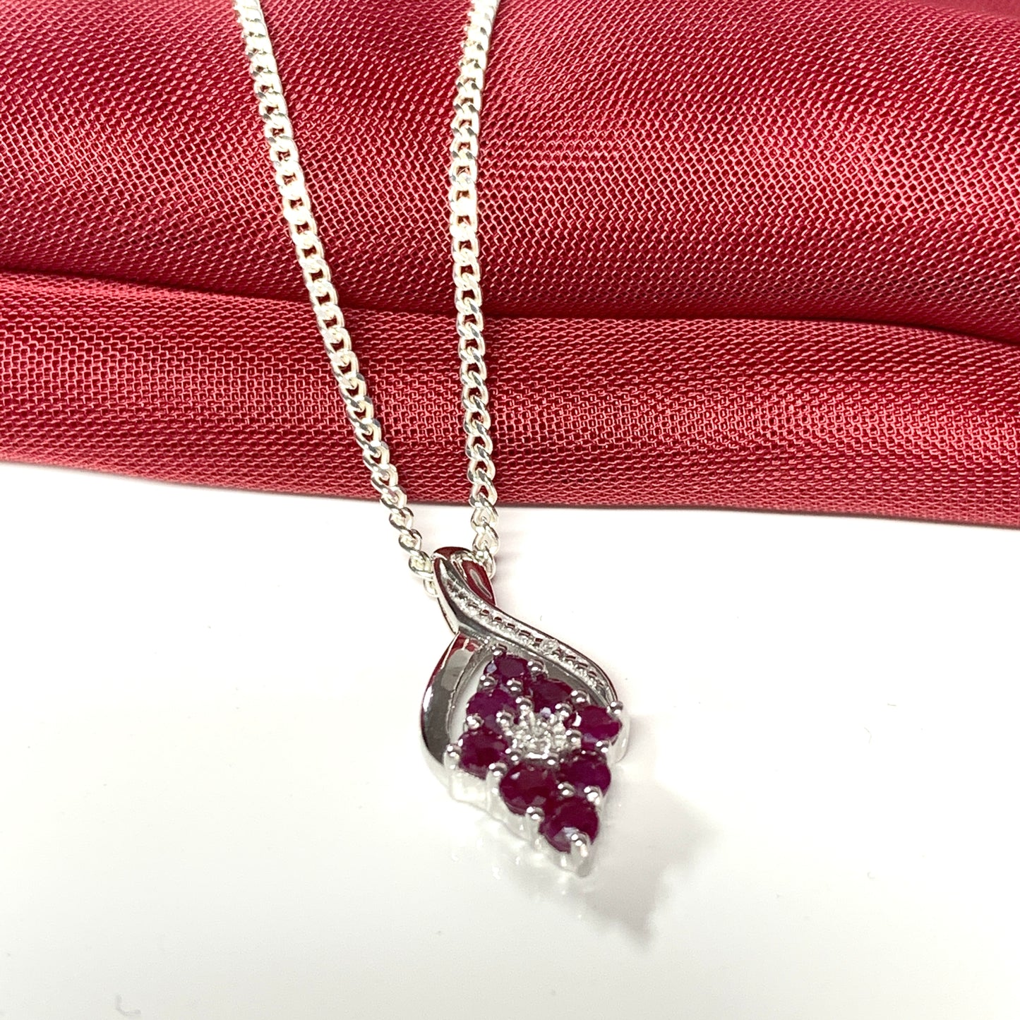 Fancy Ruby Red And Diamond Sterling Silver Necklace Pendant