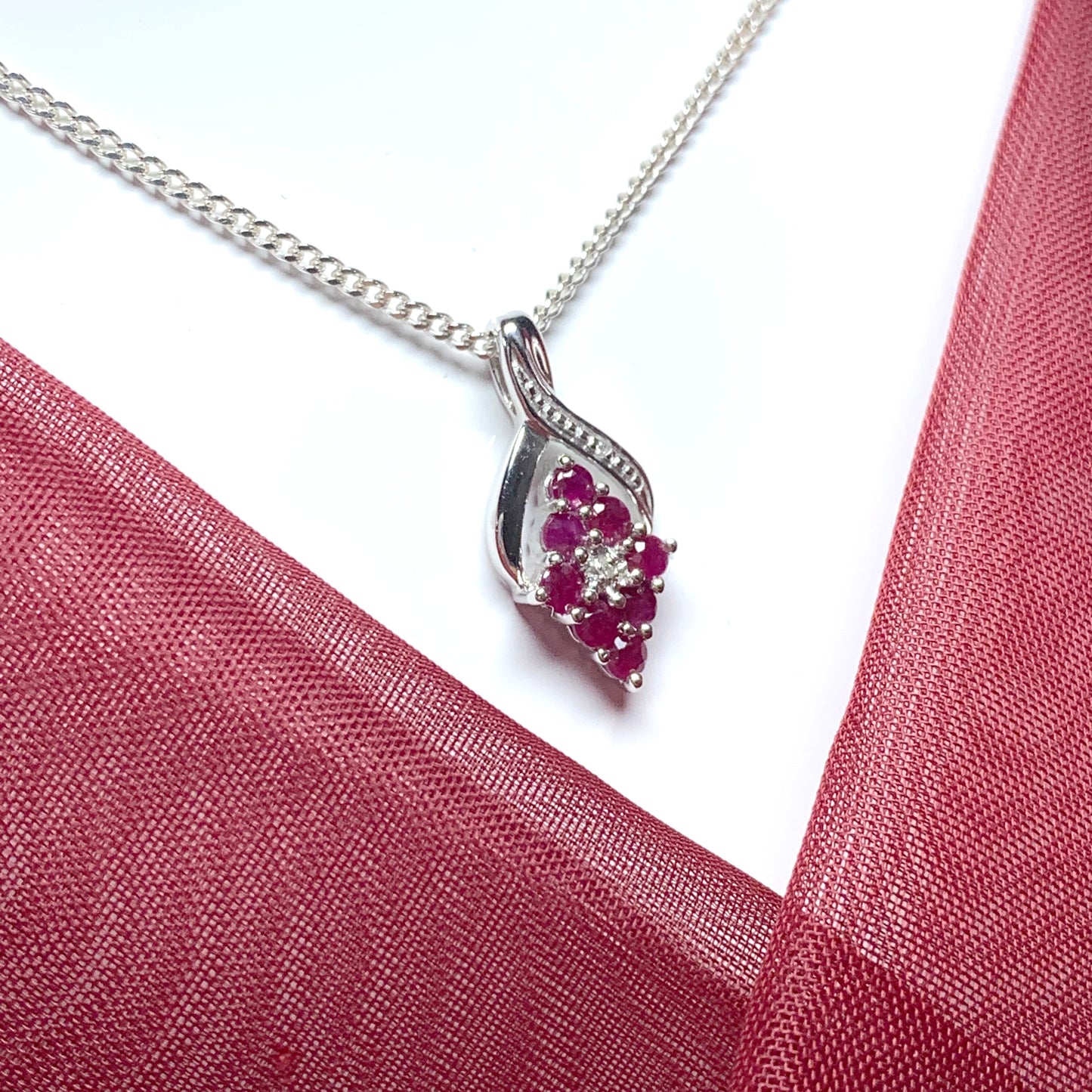 Fancy Ruby Red And Diamond Sterling Silver Necklace Pendant