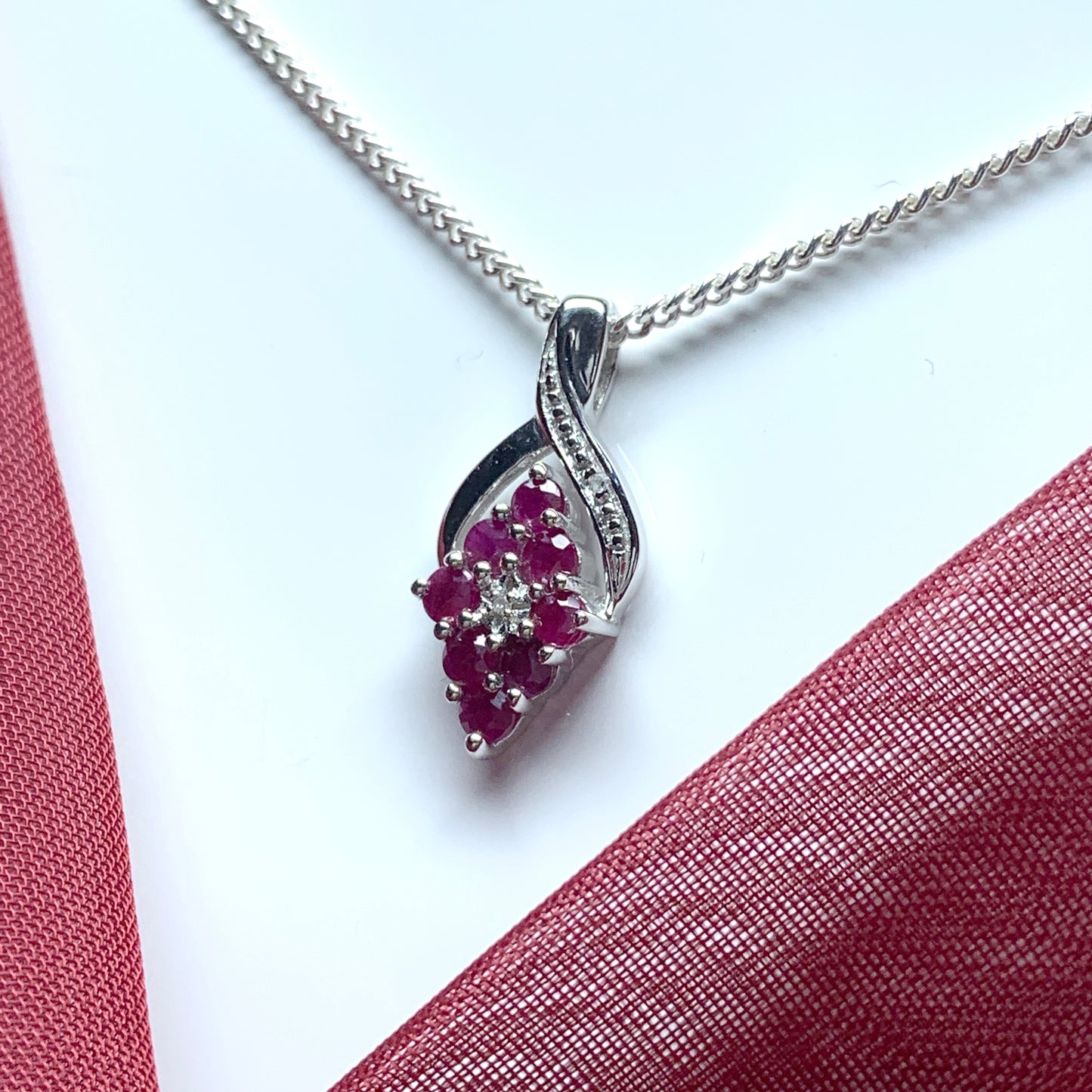 Fancy Ruby Red And Diamond Sterling Silver Necklace Pendant