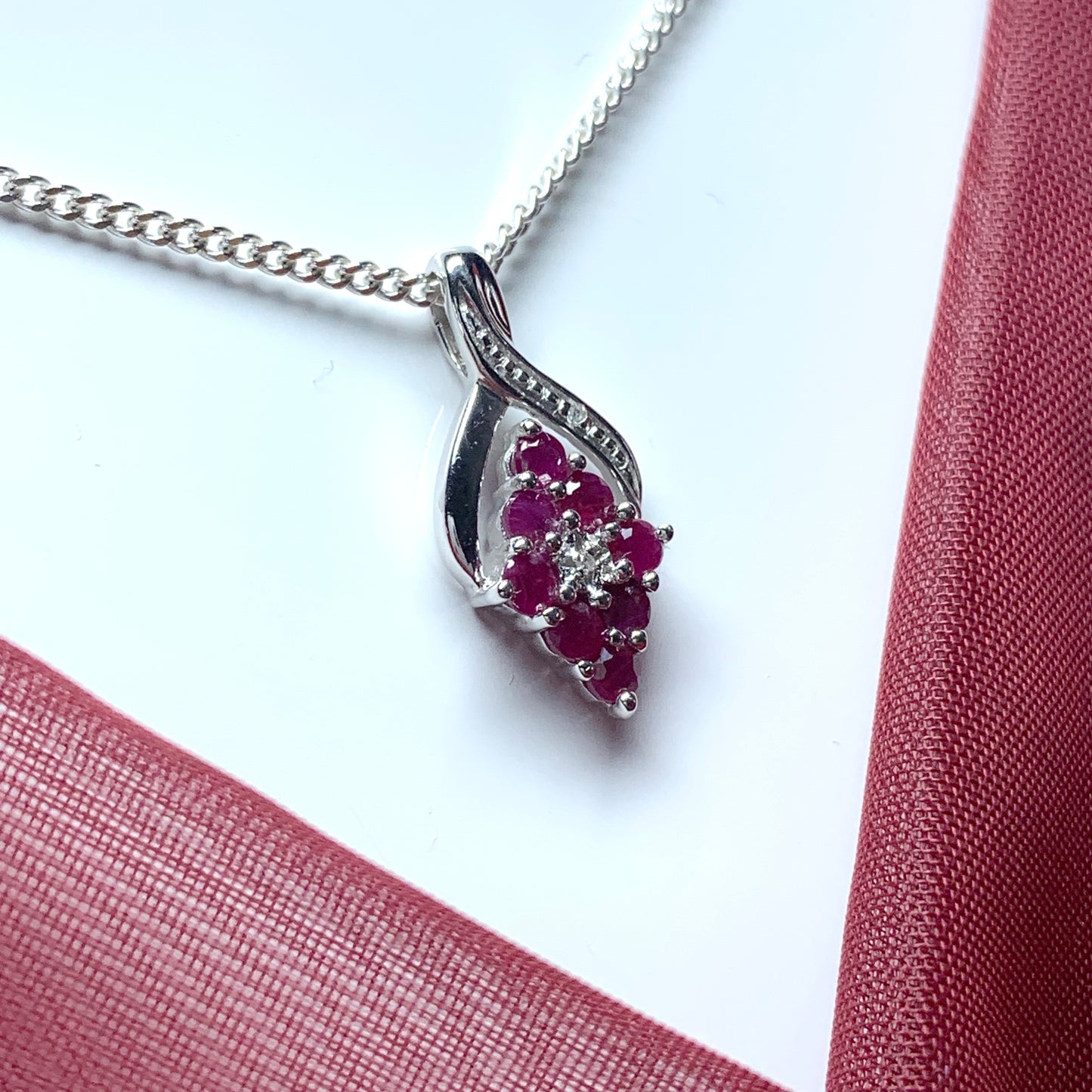 Fancy Ruby Red And Diamond Sterling Silver Necklace Pendant