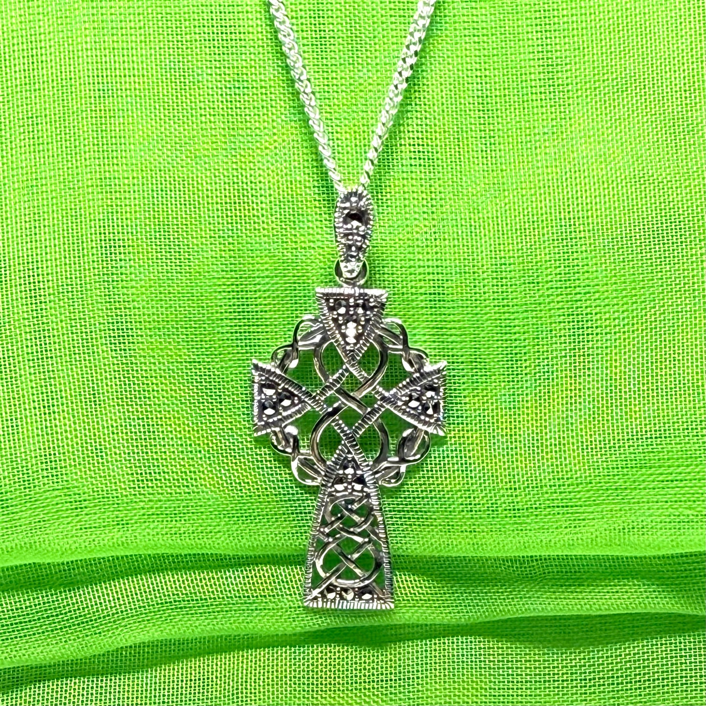 Fancy Patterned Large Sterling Silver Celtic Marcasite Set Cross Including Chain