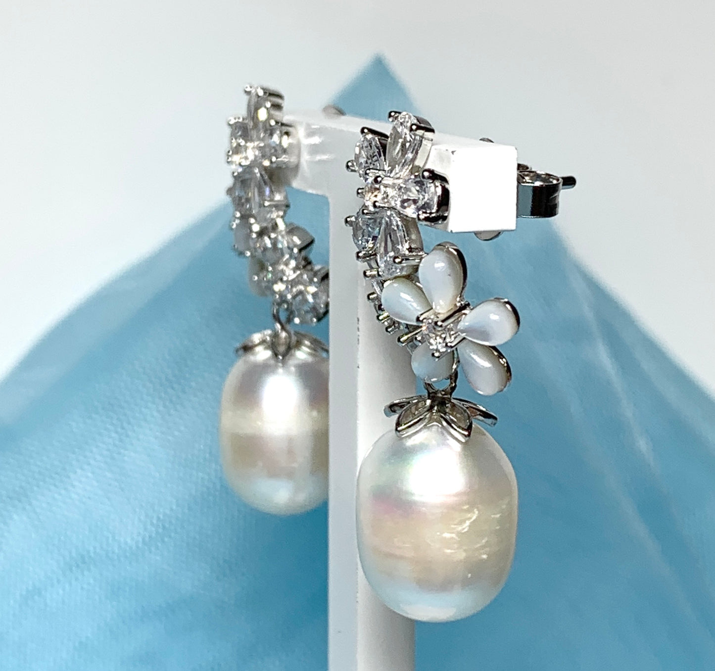 Fancy real freshwater pearl drop earrings sterling silver Mother of Pearl flower cubic zirconia