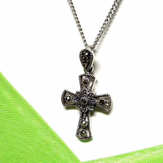 Fancy patterned cross set with real marcasite stones sterling silver