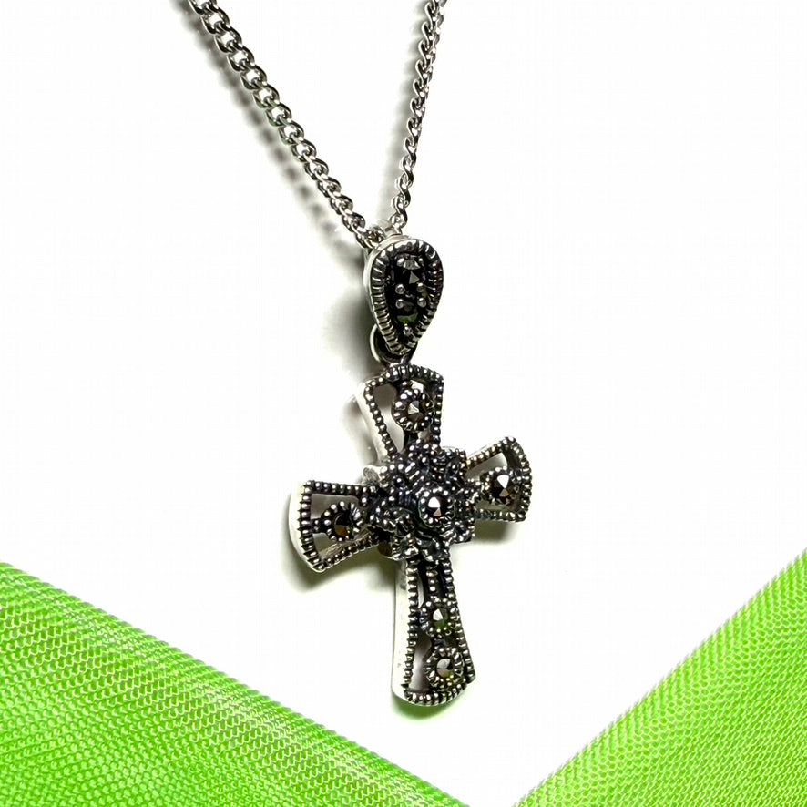 Fancy patterned cross set with real marcasite stones sterling silver