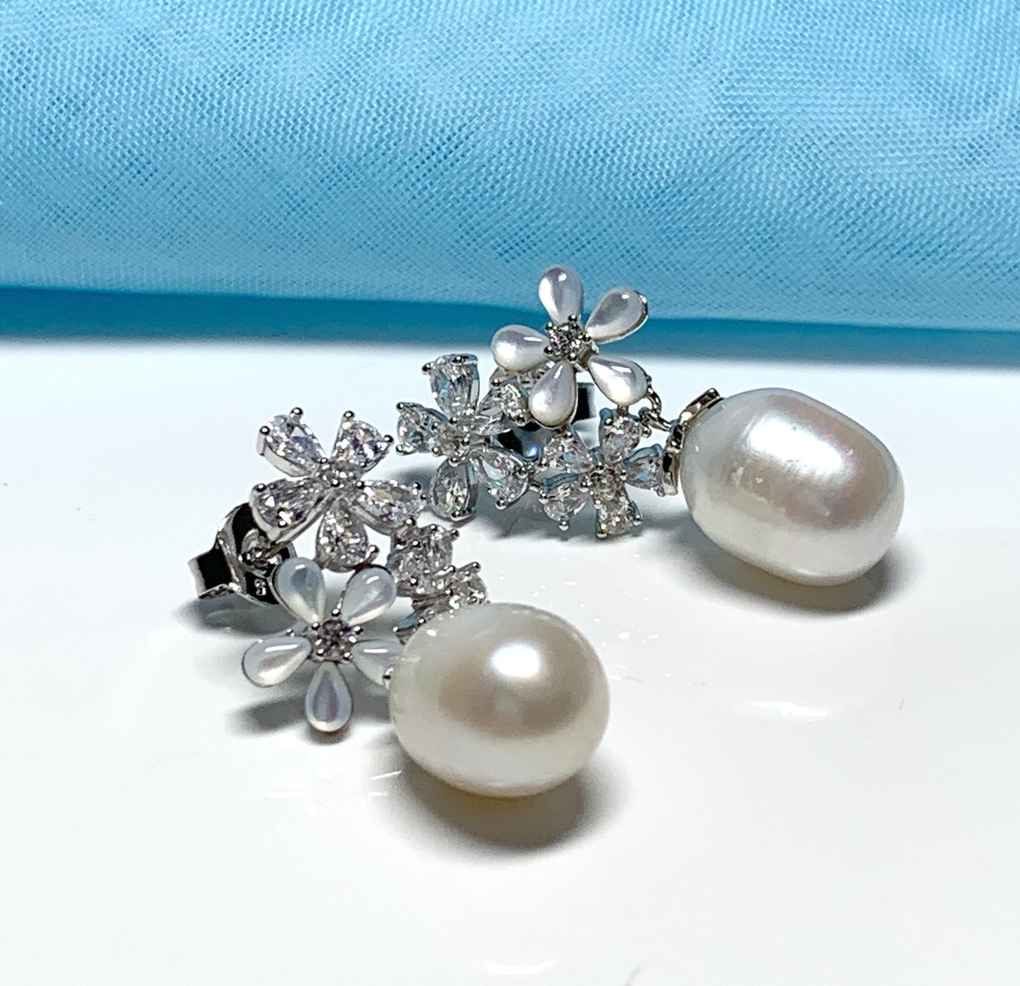 Fancy real freshwater pearl drop earrings sterling silver Mother of Pearl flower cubic zirconia