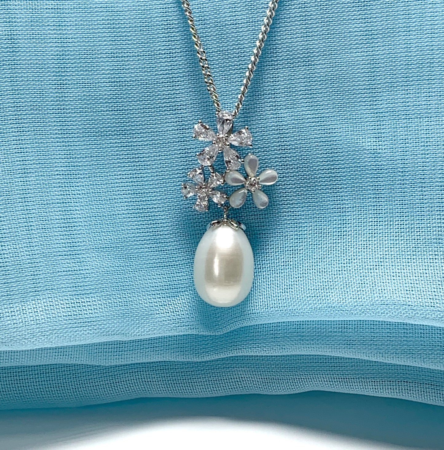 Fancy real freshwater pearl necklace sterling silver Mother of Pearl flower cubic zirconia