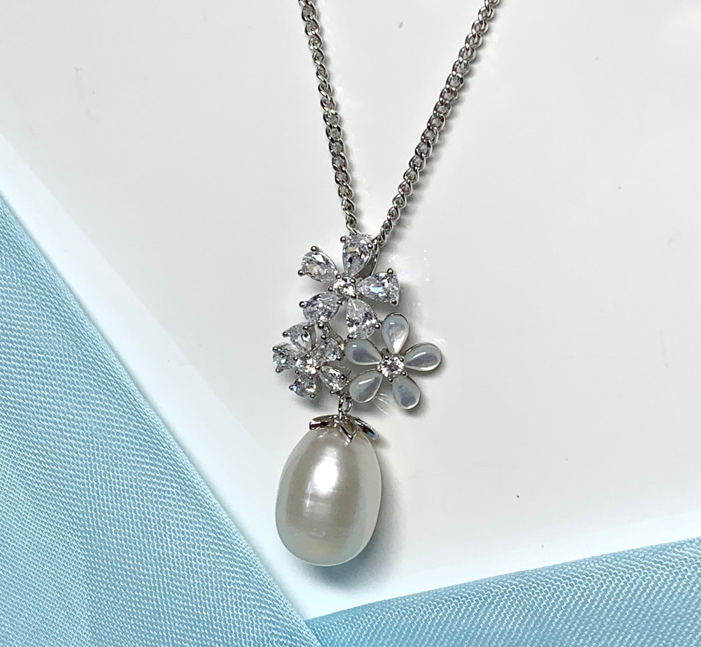 Fancy real freshwater pearl necklace sterling silver Mother of Pearl flower cubic zirconia