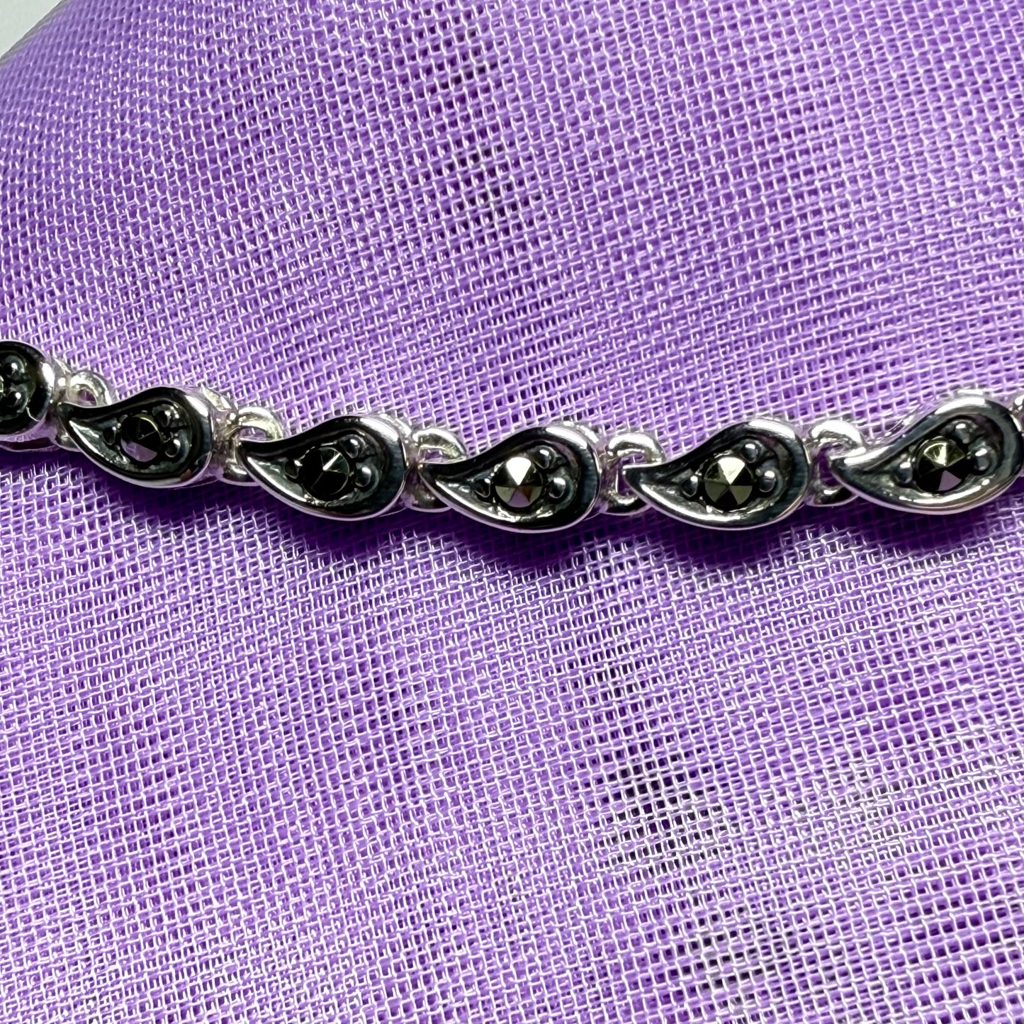 Fancy tear shaped link real marcasite sterling silver bracelet