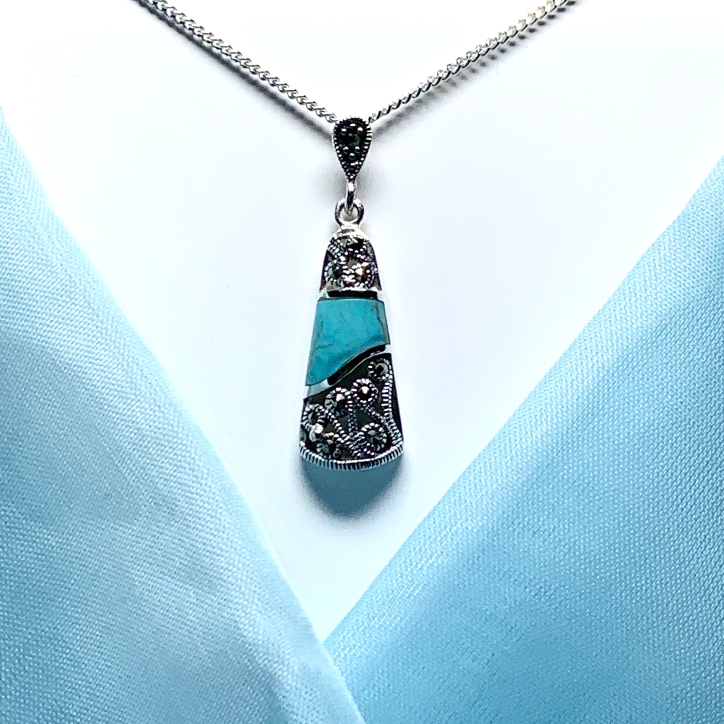 Fancy turquoise and marcasite drop sterling silver necklace pendant