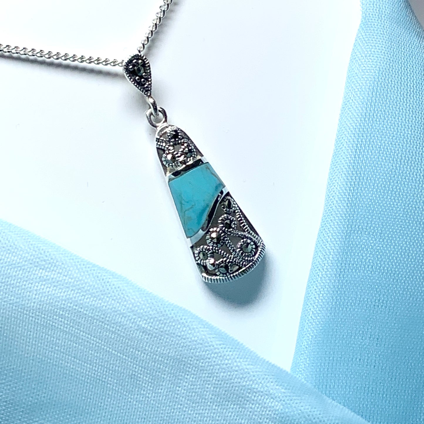 Fancy turquoise and marcasite drop sterling silver necklace pendant