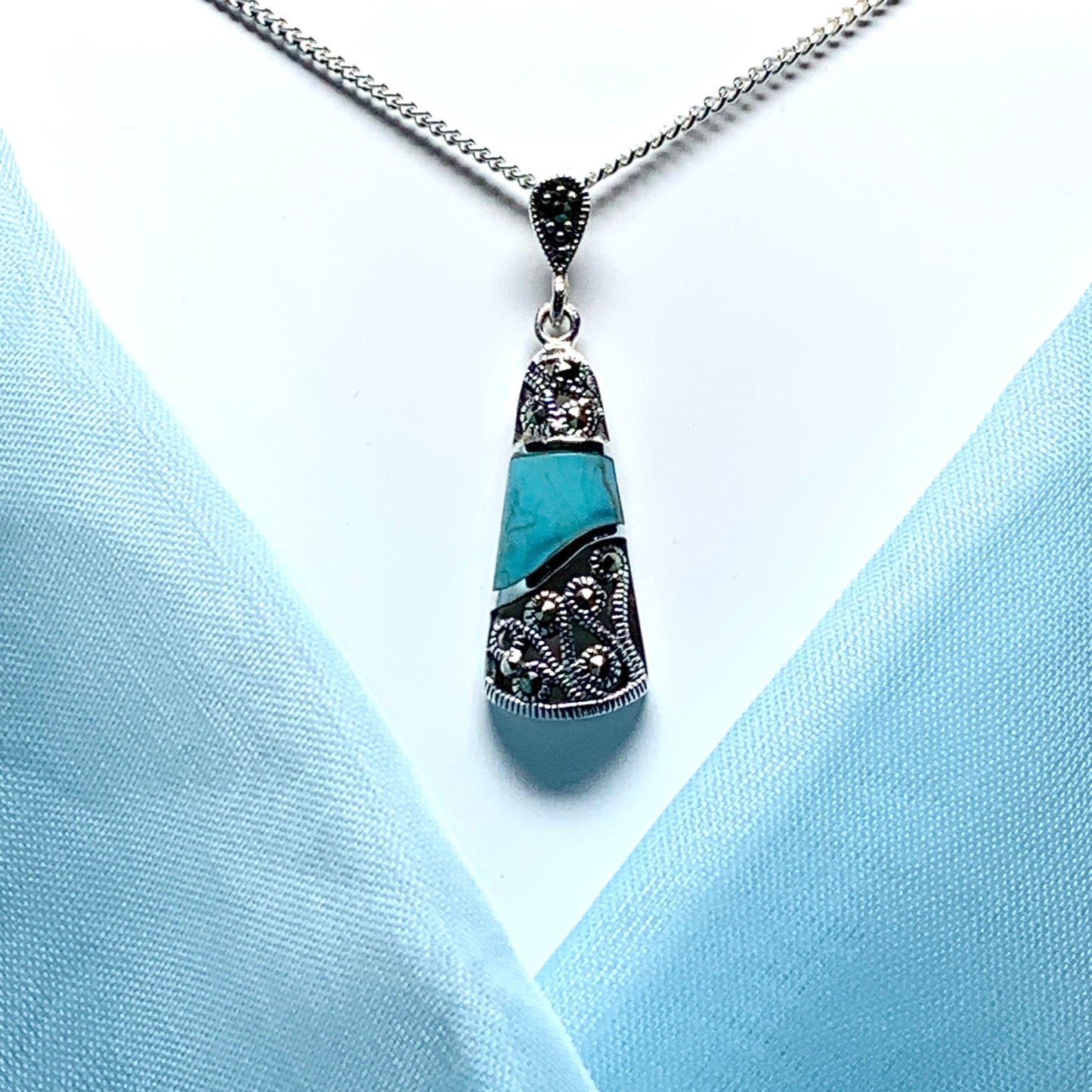 Fancy turquoise and marcasite drop sterling silver necklace pendant