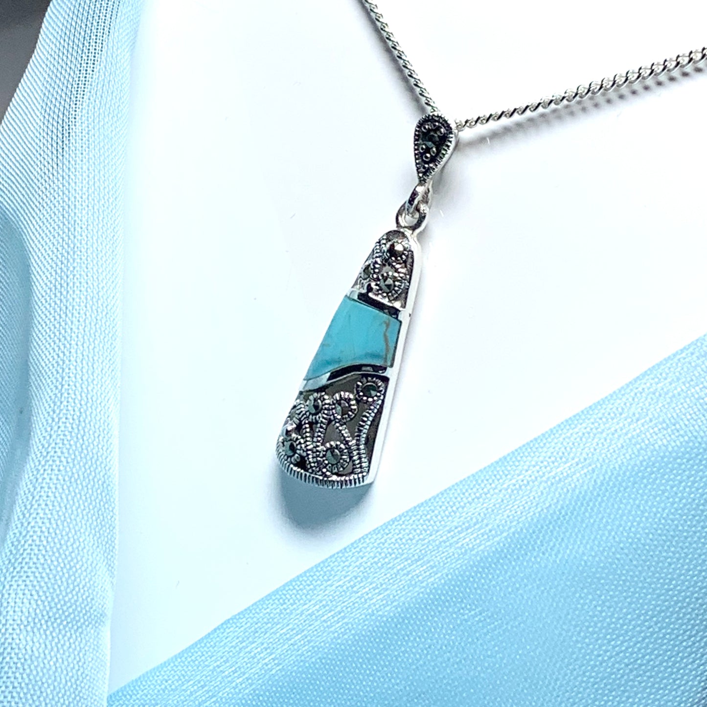 Fancy turquoise and marcasite drop sterling silver necklace pendant