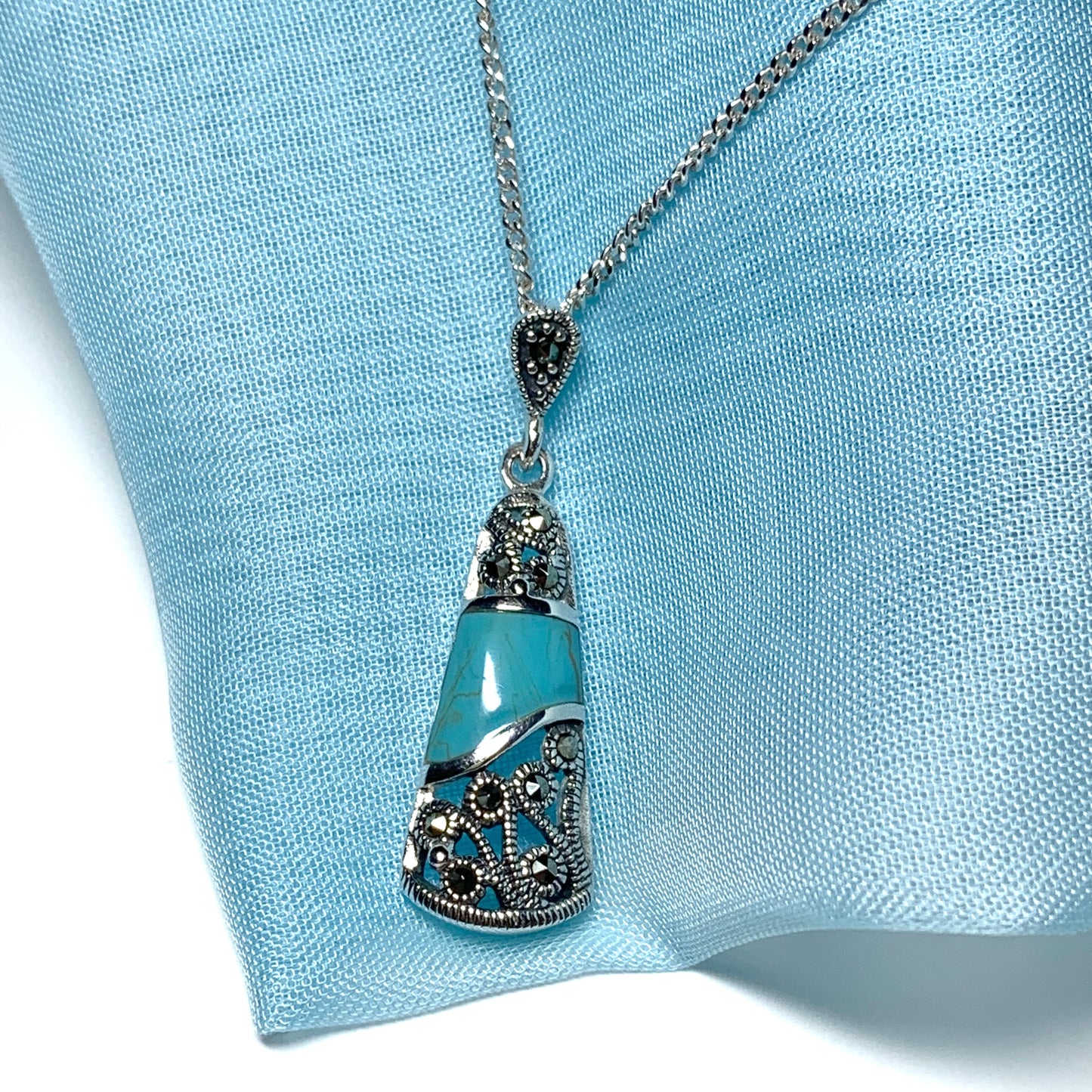 Fancy turquoise and marcasite drop sterling silver necklace pendant