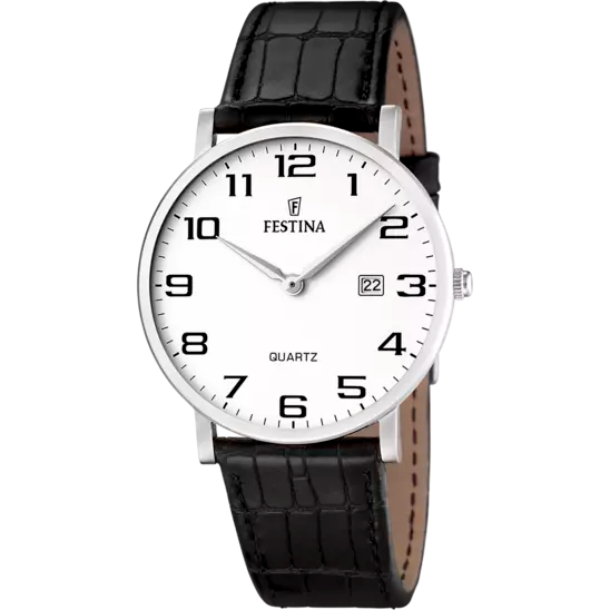 Festina Arabic mens watch black round leather strap with a very clear dial F16476/1
