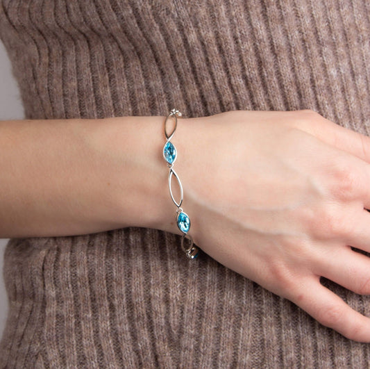 Fiorelli bracelet blue coloured marquise shaped crystal sterling silver on the wrist