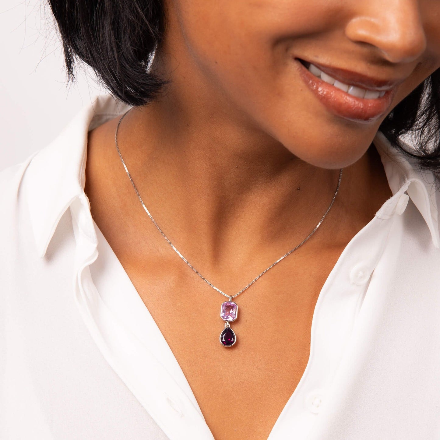Fiorelli amethyst and pink coloured octagonal and teardrop shaped double crystal necklace