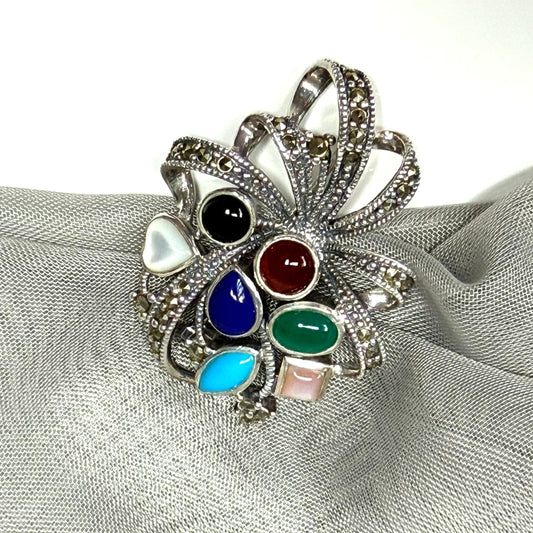 Flower brooch solid sterling silver marcasite real stones, flower swirl design