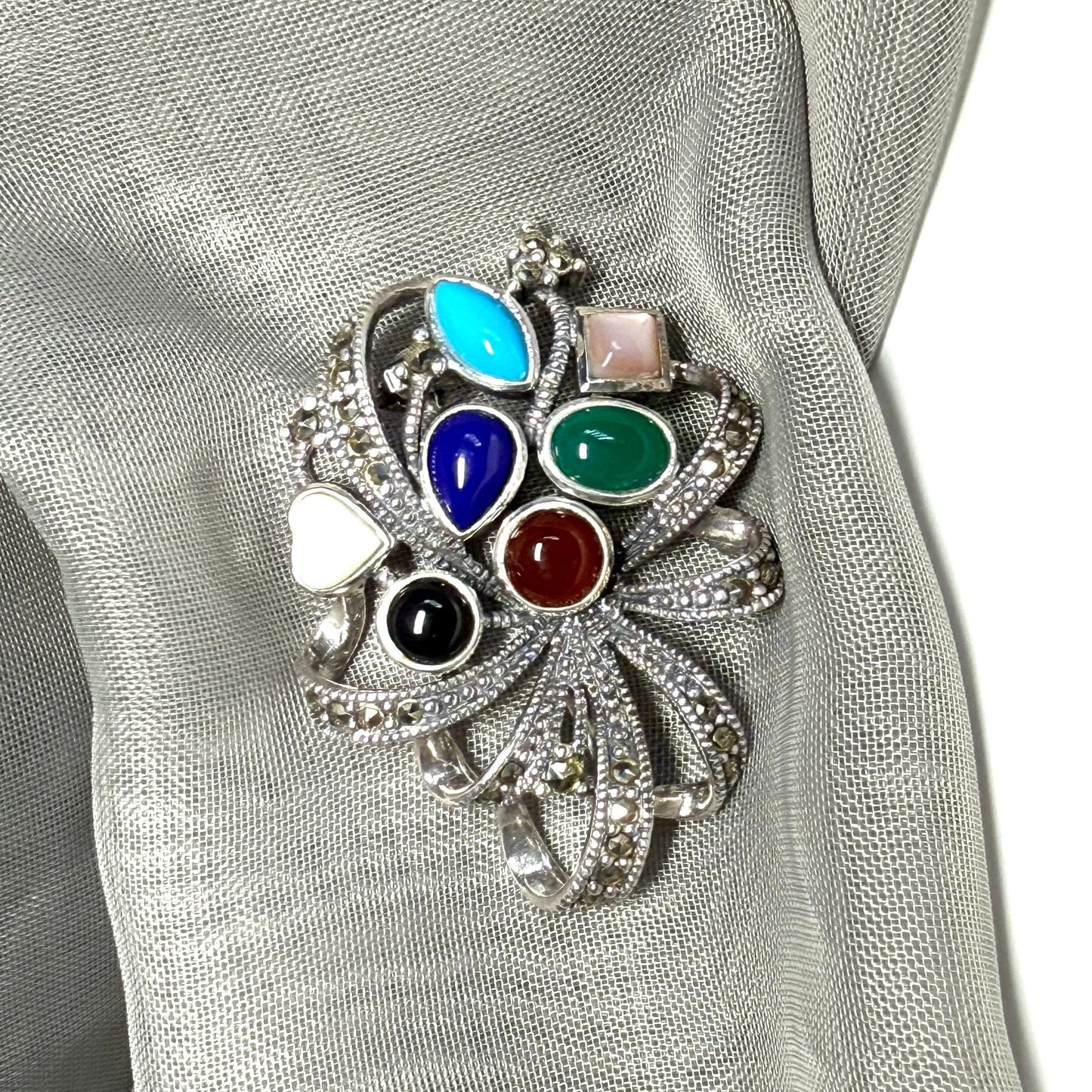 Flower brooch solid sterling silver marcasite real stones, flower swirl design
