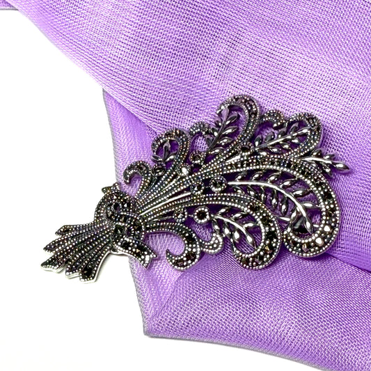 Flower shaped brooch solid sterling silver marcasite real stones
