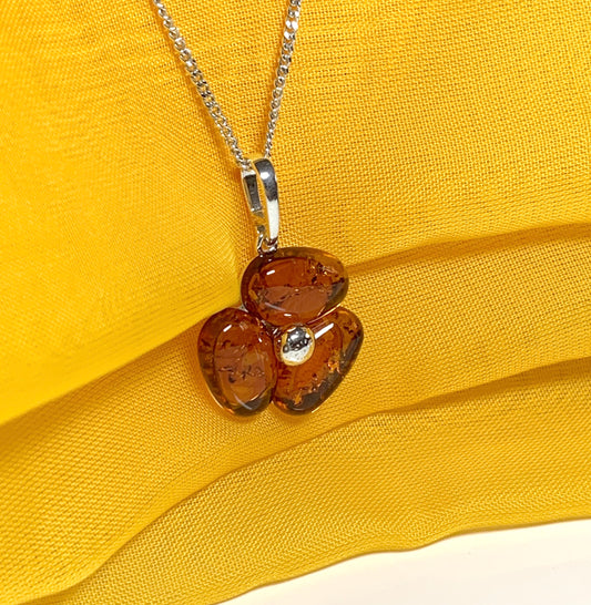 Flower real amber necklace petal shaped sterling silver pendant