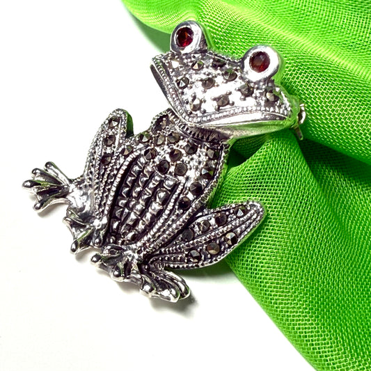 Frog Brooch Or Necklace Sterling Silver Marcasite And Garnet