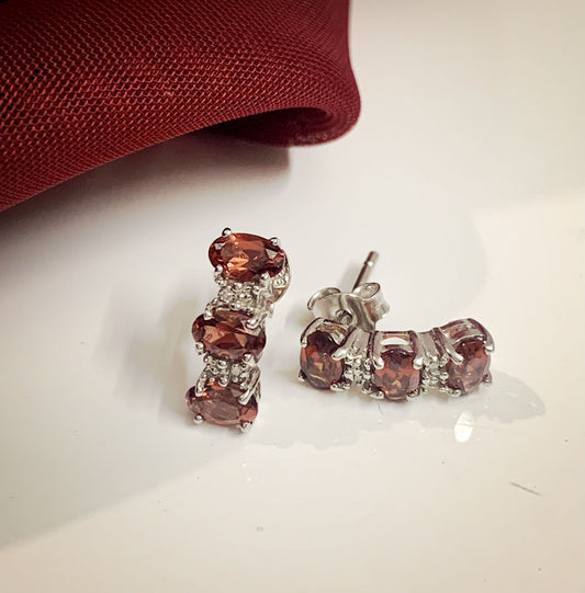 Garnet And Diamond Curved Sterling Silver Stud Earrings