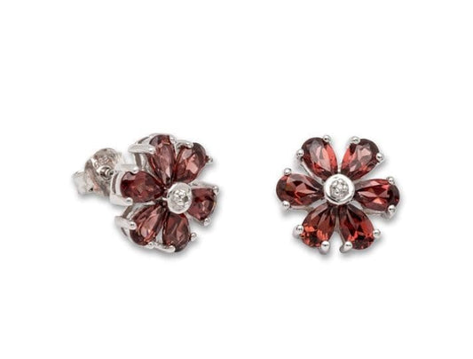Garnet And Diamond Round Silver Daisy Flower Petal Cluster Stud Earrings