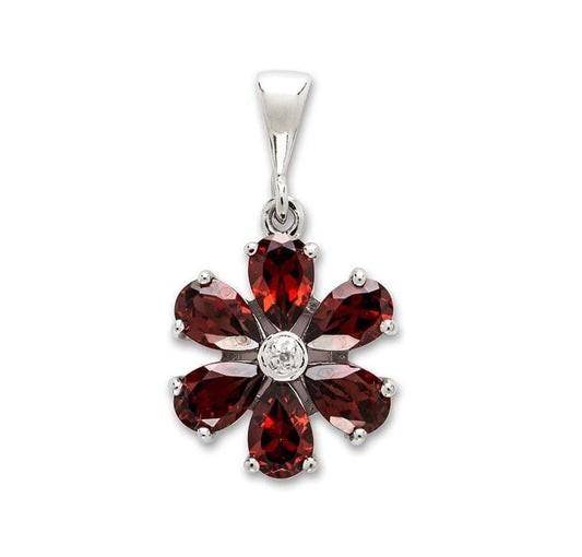 Garnet And Diamond Round Sterling Silver Red Brown Daisy Petal Cluster Necklace