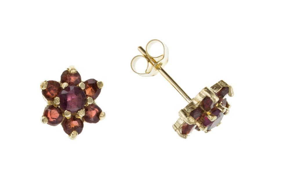 Garnet Cluster Yellow Gold Stud Earrings