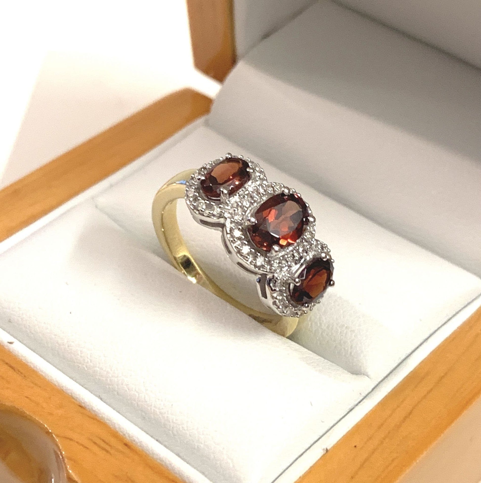 Garnet ring oval triple trilogy cluster with diamonds 18 carat yellow gold