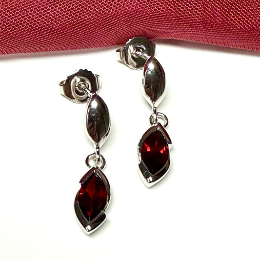 Real garnet sterling silver marquise shaped drop earrings