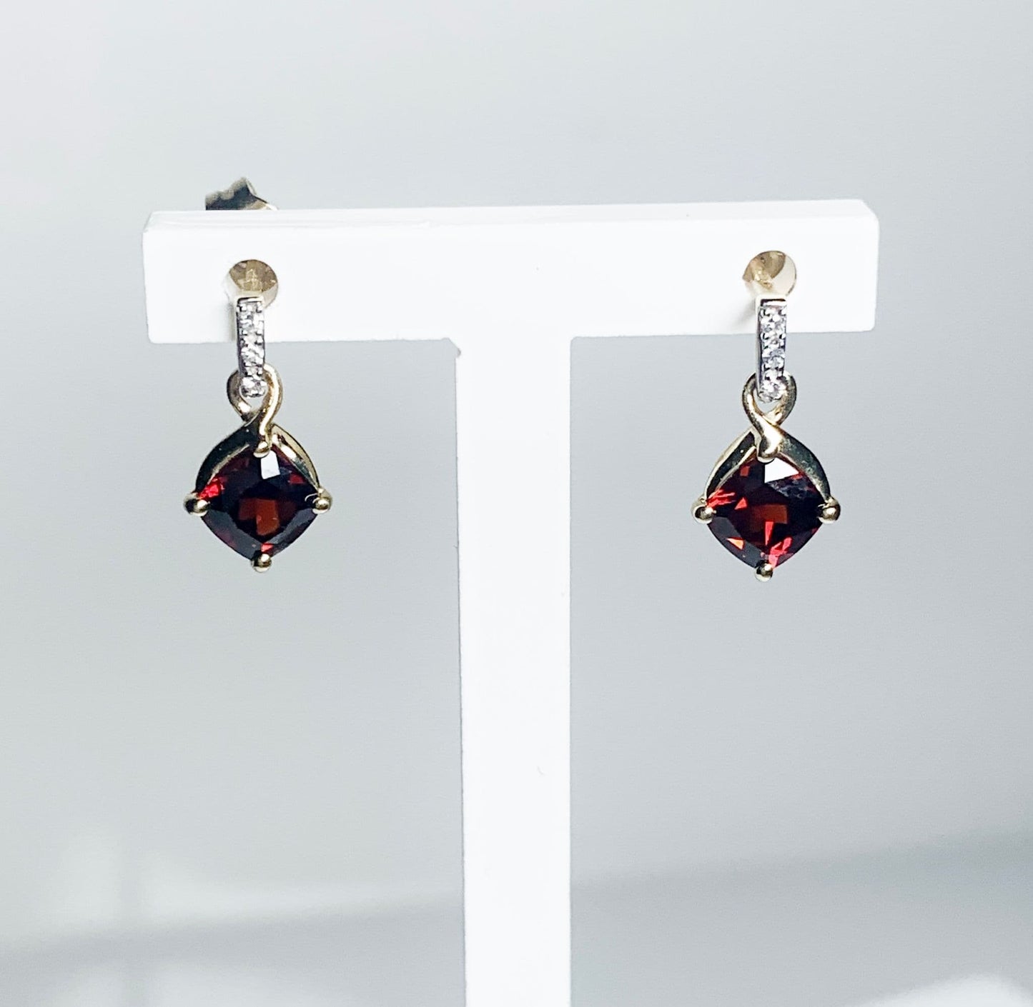 Garnet and Diamond Red Brown Yellow Gold Cushion Cut Drop Earrings with Butterfly Fittings