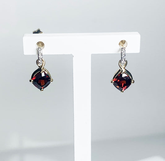 Garnet and Diamond Red Brown Yellow Gold Cushion Cut Drop Earrings with Butterfly Fittings