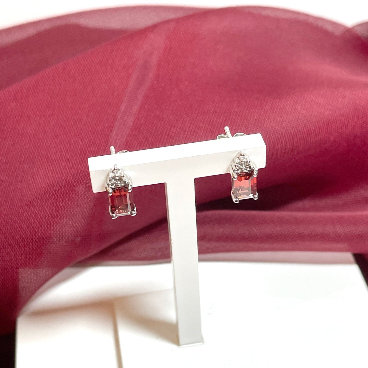 Garnet and diamond sterling silver baguette stud earrings