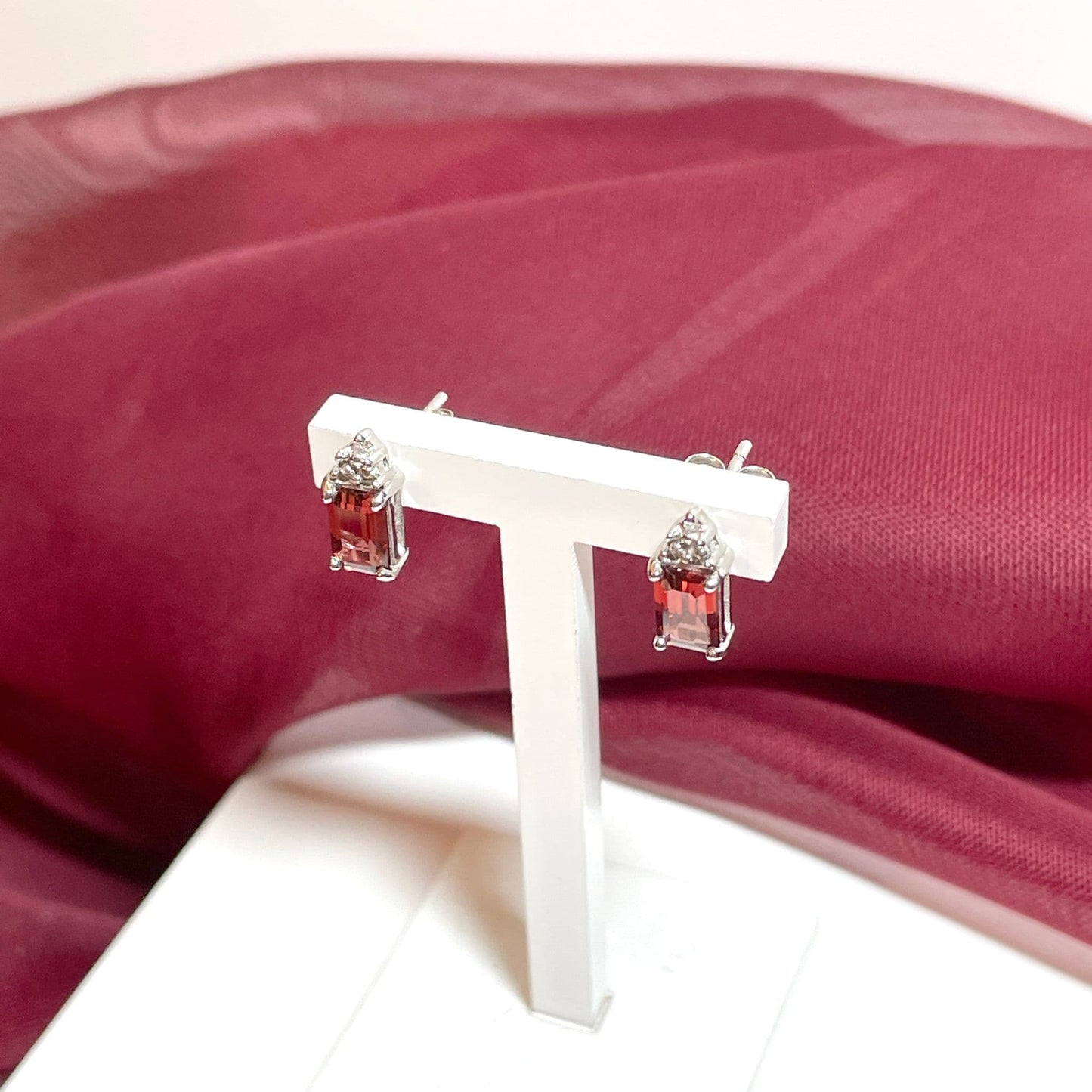 Garnet and diamond sterling silver baguette stud earrings