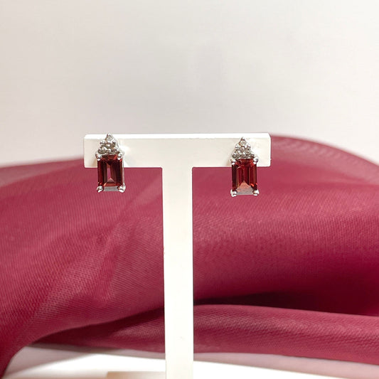 Garnet and diamond sterling silver baguette stud earrings