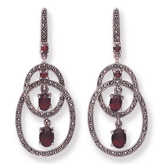 Garnet and marcasite large oval long drop earrings sterling silver