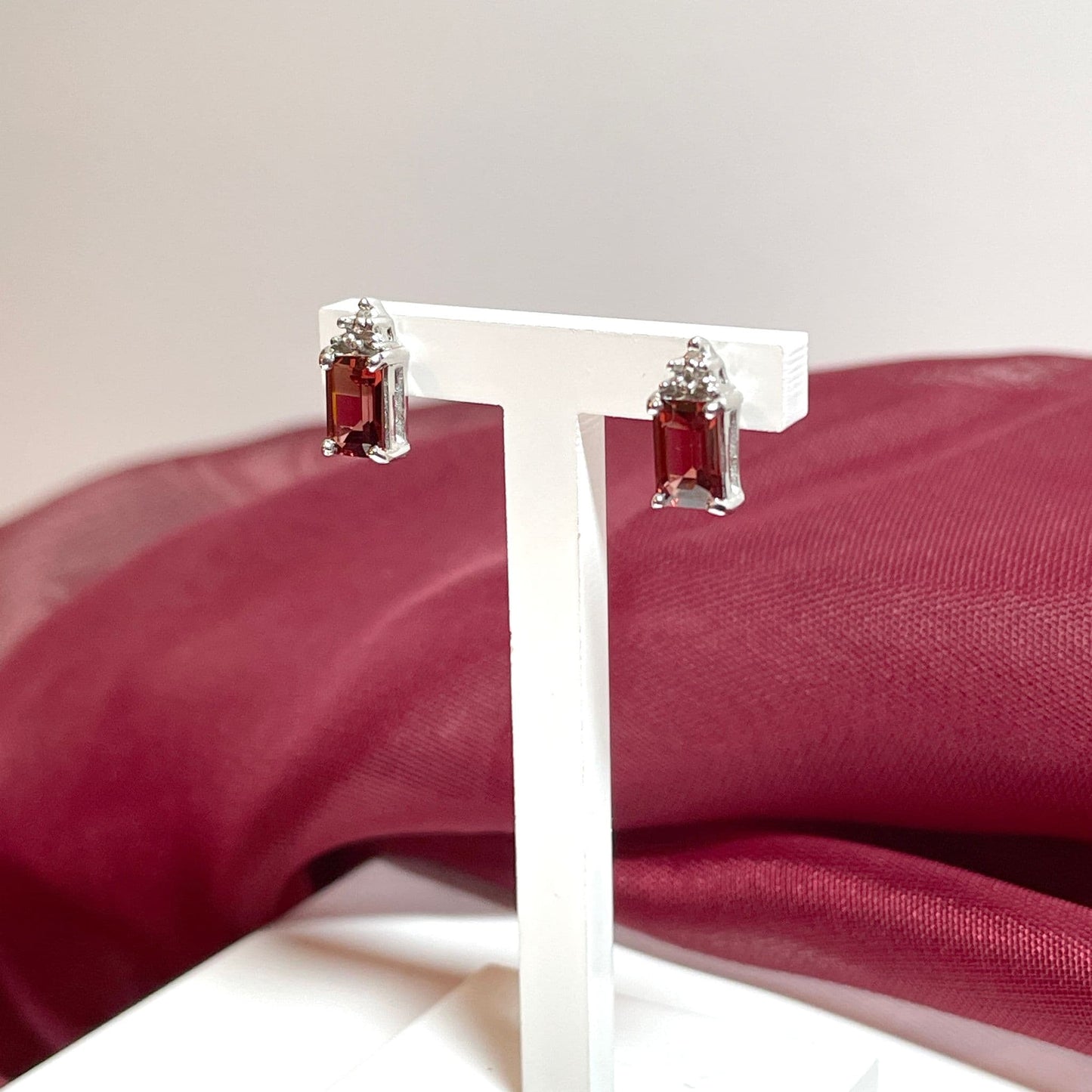 Garnet and diamond sterling silver baguette stud earrings