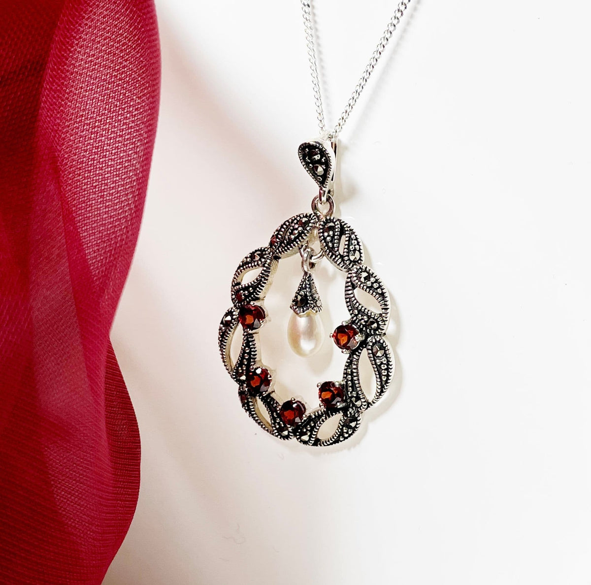 Garnet pearl and marcasite oval sterling silver red brown necklace