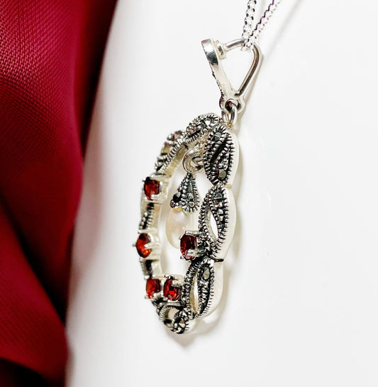 Garnet pearl and marcasite oval sterling silver red brown necklace